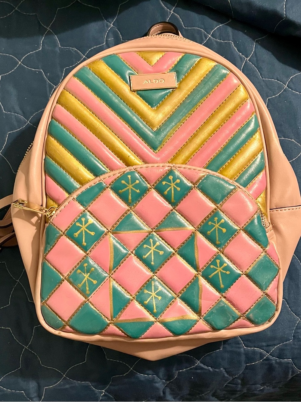 Hand painted ALDO Pink, Teal & Gold Quilted Mini Backpack